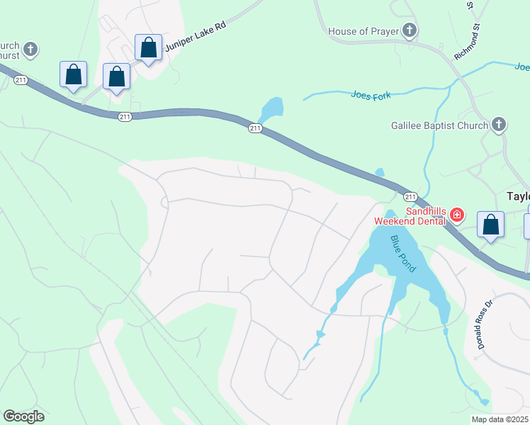 map of restaurants, bars, coffee shops, grocery stores, and more near 25 Whitehaven Drive in Pinehurst