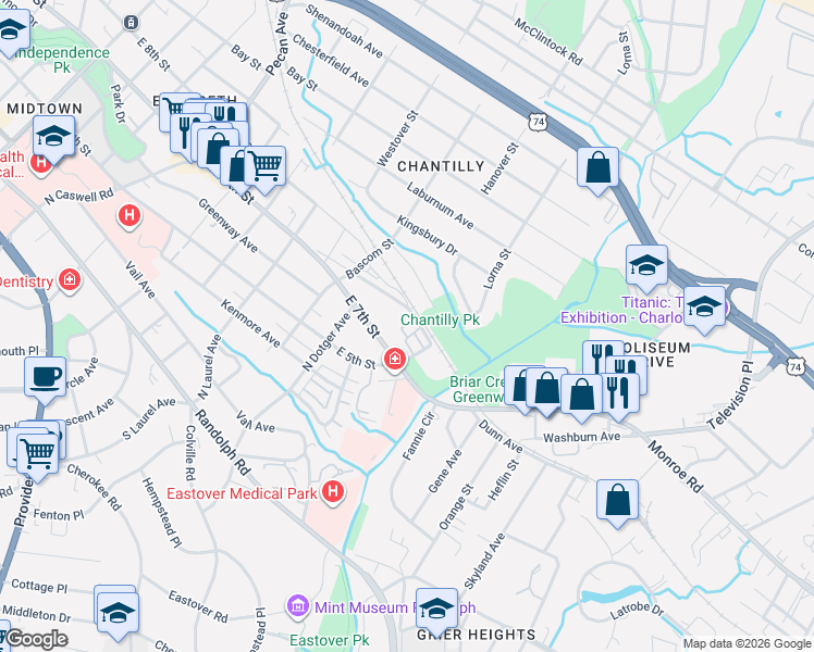 map of restaurants, bars, coffee shops, grocery stores, and more near in Charlotte