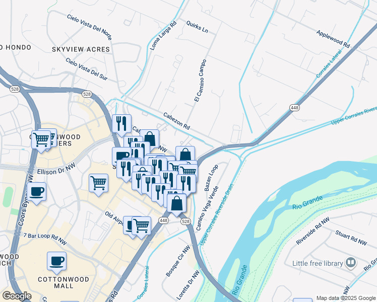 map of restaurants, bars, coffee shops, grocery stores, and more near 3305 Calle Cuervo Northwest in Albuquerque