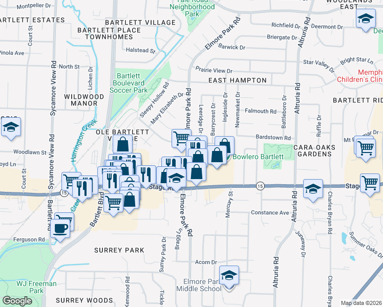 map of restaurants, bars, coffee shops, grocery stores, and more near 2966 Elmore Park Road in Memphis