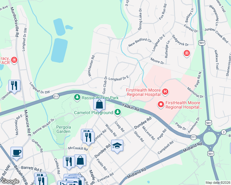 map of restaurants, bars, coffee shops, grocery stores, and more near 140 Wheeling Drive in Pinehurst