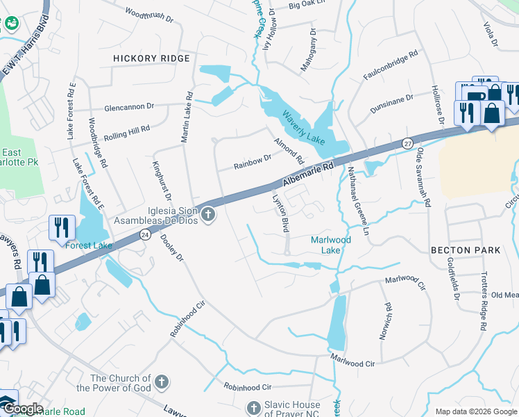 map of restaurants, bars, coffee shops, grocery stores, and more near 7934 Lindfield Court in Charlotte