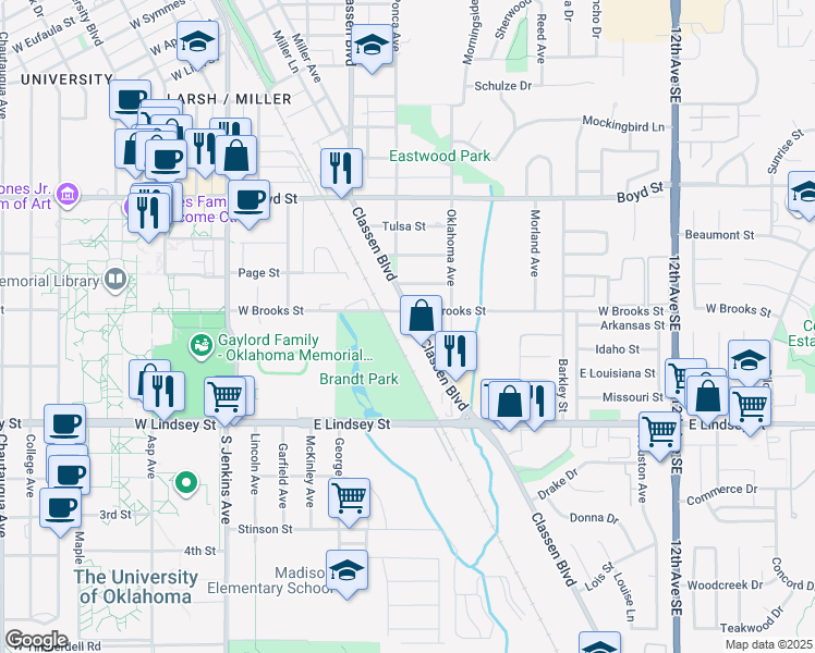 map of restaurants, bars, coffee shops, grocery stores, and more near 1706 Classen Boulevard in Norman