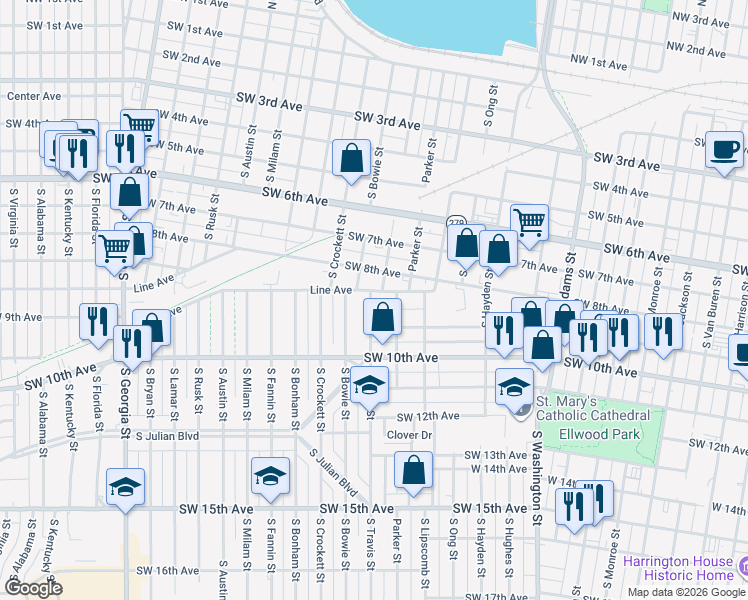 map of restaurants, bars, coffee shops, grocery stores, and more near 910 South Travis Street in Amarillo
