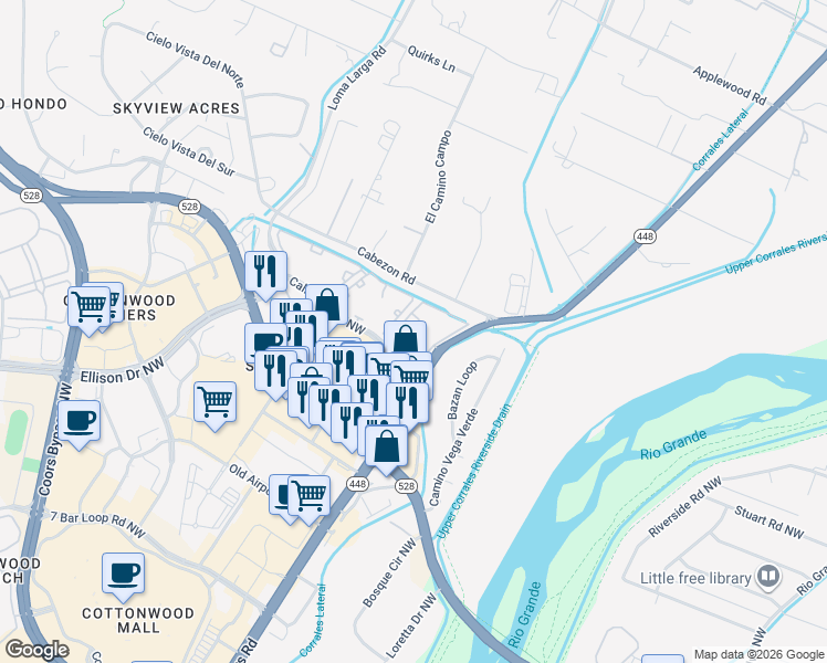map of restaurants, bars, coffee shops, grocery stores, and more near 3305 Calle Cuervo Northwest in Albuquerque