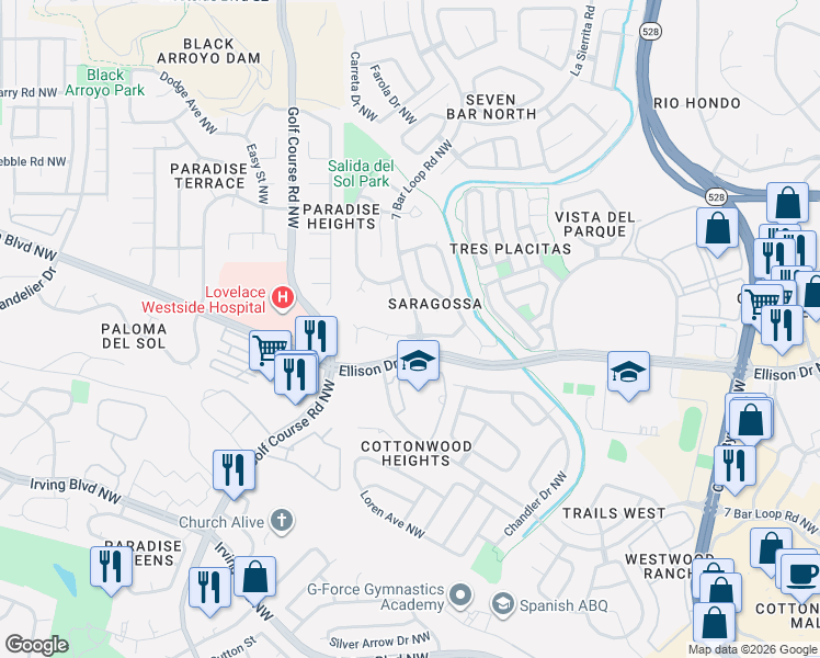 map of restaurants, bars, coffee shops, grocery stores, and more near 4404 Condesa Court Northwest in Albuquerque