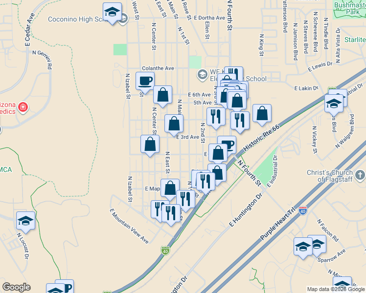 map of restaurants, bars, coffee shops, grocery stores, and more near 1901 North Main Street in Flagstaff