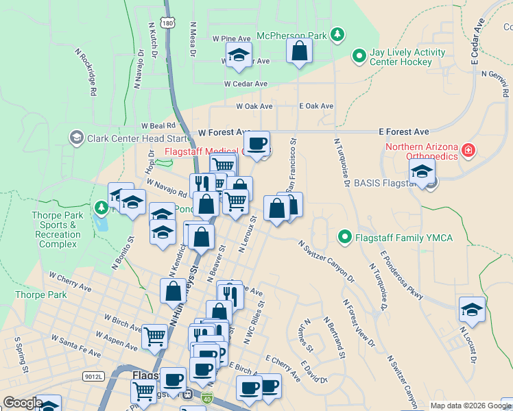 map of restaurants, bars, coffee shops, grocery stores, and more near 918 North Leroux Street in Flagstaff