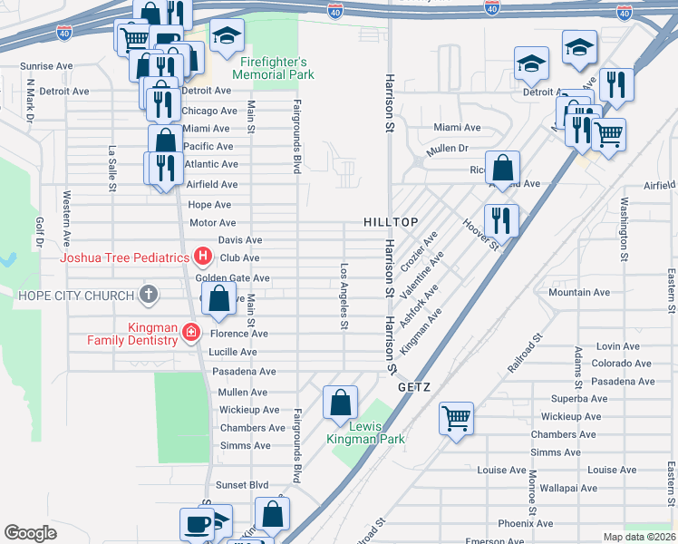 map of restaurants, bars, coffee shops, grocery stores, and more near 2109 Los Angeles Street in Kingman