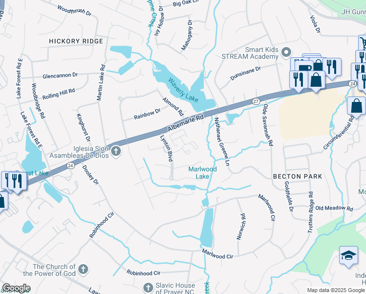 map of restaurants, bars, coffee shops, grocery stores, and more near 8022 Tremaine Court in Charlotte