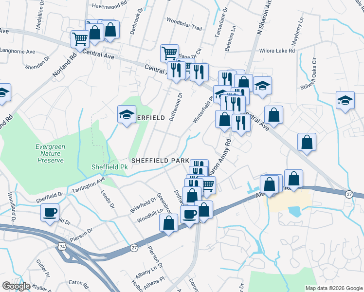 map of restaurants, bars, coffee shops, grocery stores, and more near 3416 Teal Point Drive in Charlotte