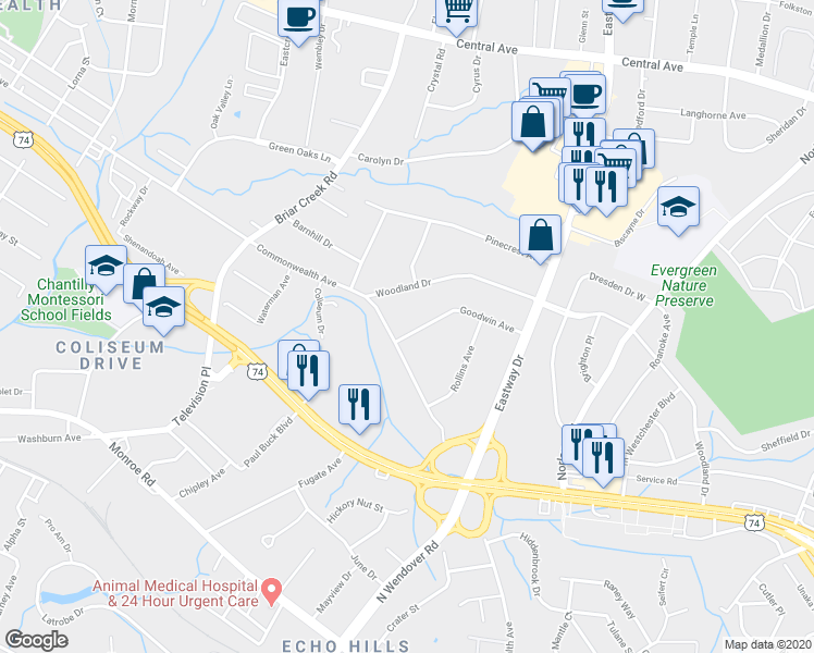 map of restaurants, bars, coffee shops, grocery stores, and more near in Charlotte