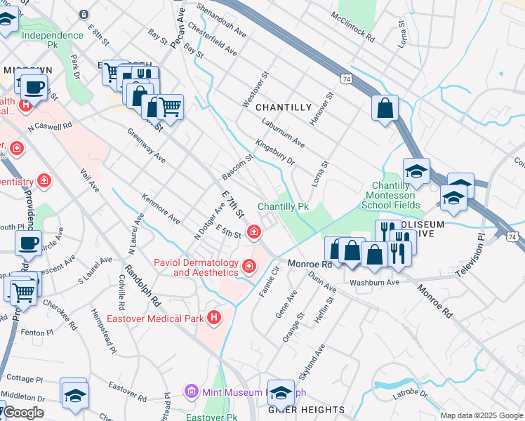 map of restaurants, bars, coffee shops, grocery stores, and more near in Charlotte