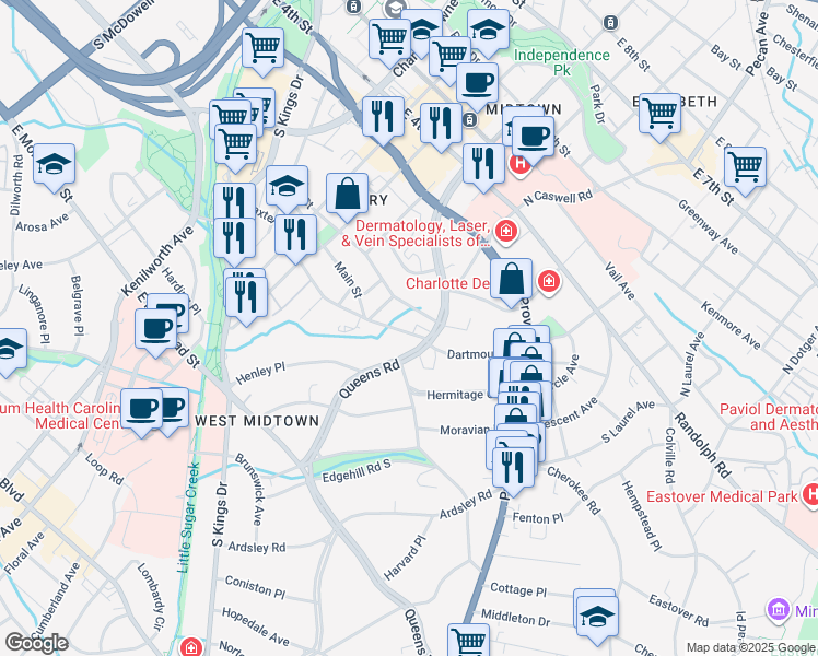 map of restaurants, bars, coffee shops, grocery stores, and more near in Charlotte