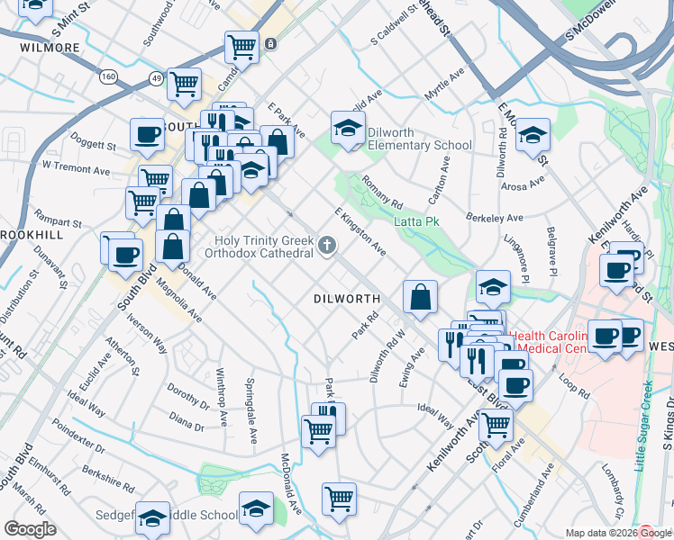 map of restaurants, bars, coffee shops, grocery stores, and more near in Charlotte