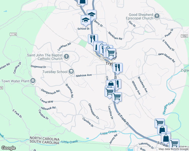 map of restaurants, bars, coffee shops, grocery stores, and more near 75 Melrose Avenue in Tryon