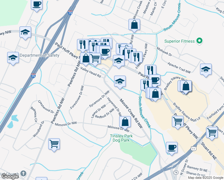 map of restaurants, bars, coffee shops, grocery stores, and more near 765 Mouse Creek Road Northwest in Cleveland