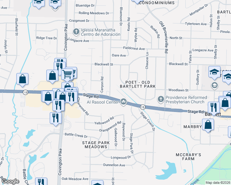 map of restaurants, bars, coffee shops, grocery stores, and more near 5266 Stage Road in Bartlett