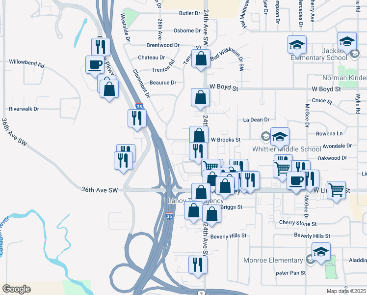 map of restaurants, bars, coffee shops, grocery stores, and more near 2457 Wilcox Drive in Norman