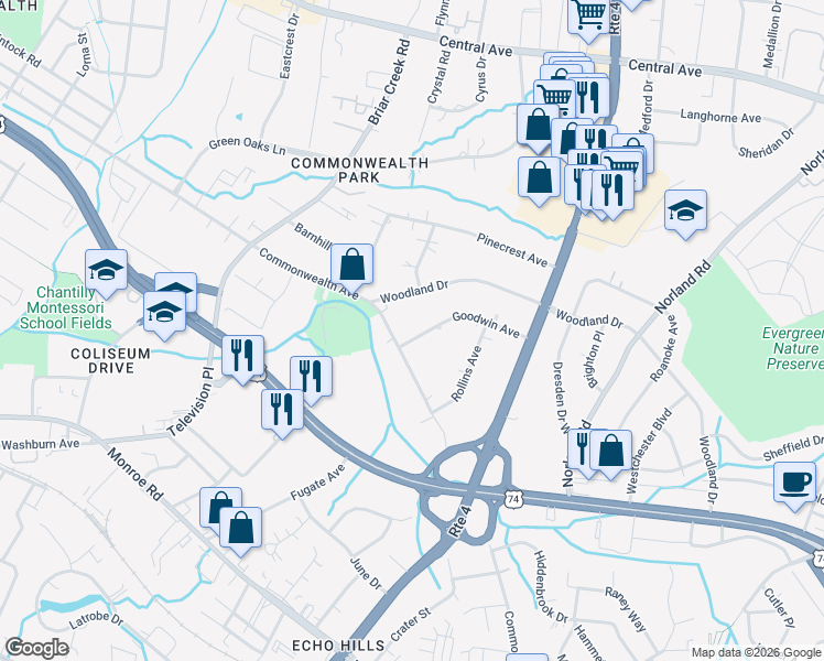 map of restaurants, bars, coffee shops, grocery stores, and more near in Charlotte