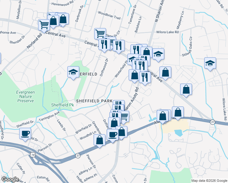 map of restaurants, bars, coffee shops, grocery stores, and more near 3416 Teal Point Drive in Charlotte
