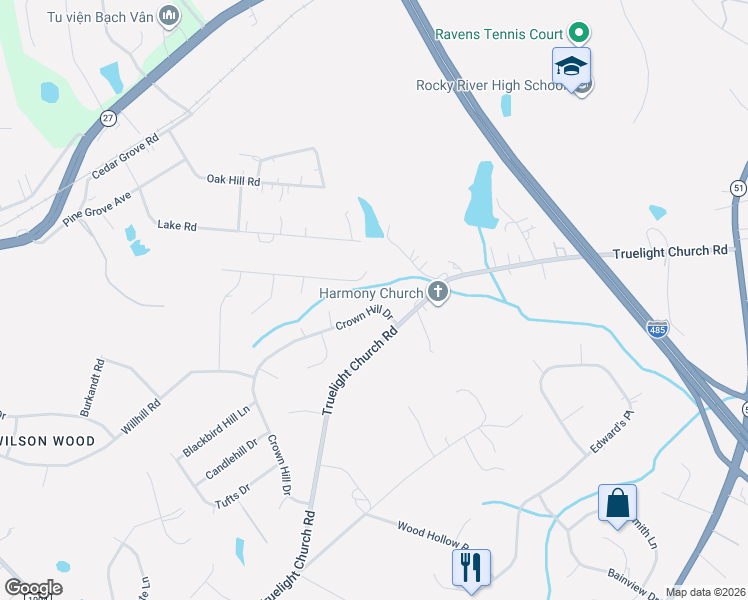 map of restaurants, bars, coffee shops, grocery stores, and more near 5515 Crown Hill Drive in Mint Hill