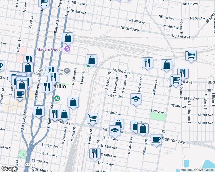 map of restaurants, bars, coffee shops, grocery stores, and more near 205 Southeast 5th Avenue in Amarillo