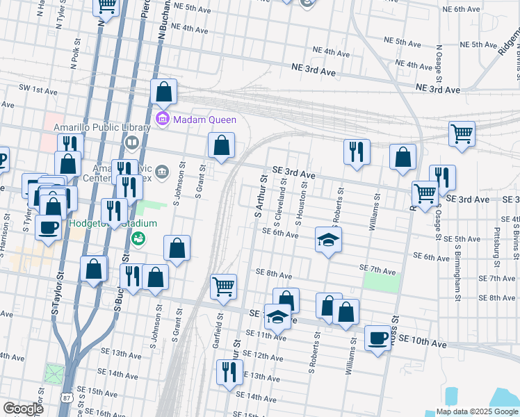 map of restaurants, bars, coffee shops, grocery stores, and more near 205 Southeast 5th Avenue in Amarillo