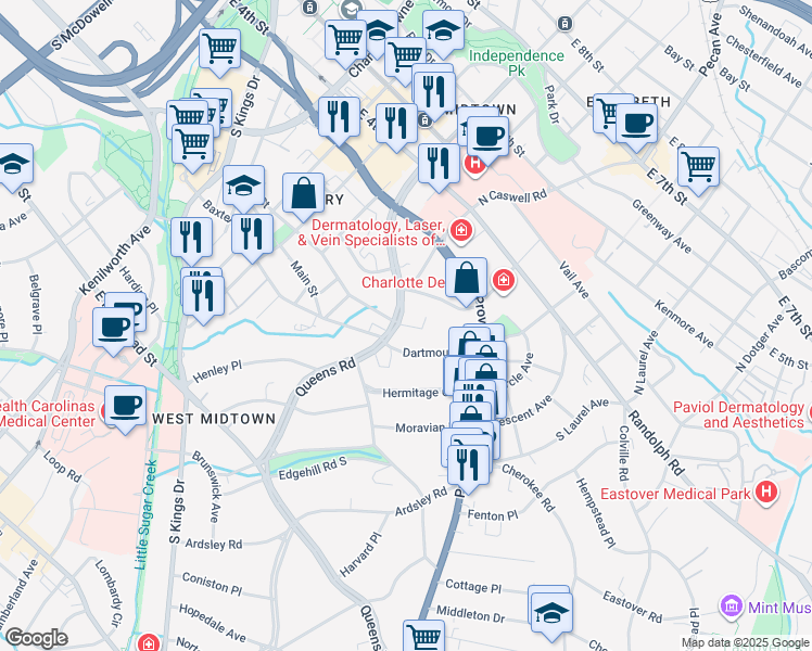 map of restaurants, bars, coffee shops, grocery stores, and more near in Charlotte