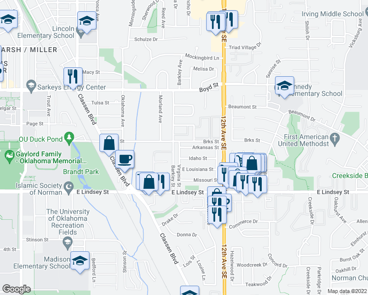 map of restaurants, bars, coffee shops, grocery stores, and more near 1017 Idaho Street in Norman