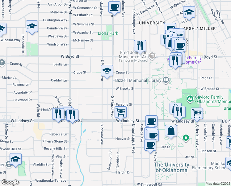 map of restaurants, bars, coffee shops, grocery stores, and more near 828 South Lahoma Avenue in Norman
