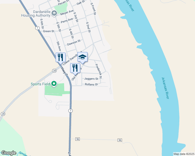 map of restaurants, bars, coffee shops, grocery stores, and more near 202 Rollans Street in Dardanelle