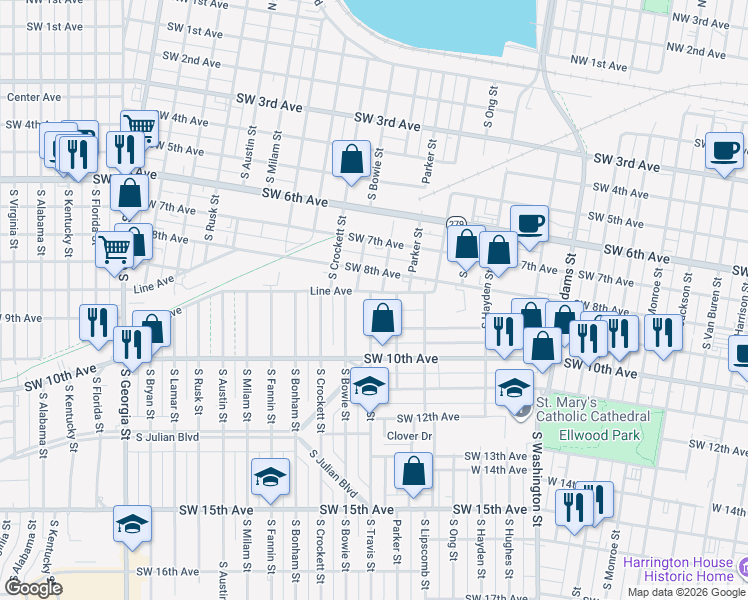 map of restaurants, bars, coffee shops, grocery stores, and more near 910 South Travis Street in Amarillo