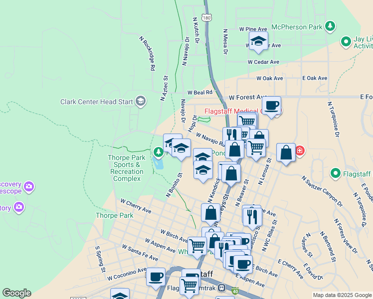 map of restaurants, bars, coffee shops, grocery stores, and more near 850 North Bonito Street in Flagstaff