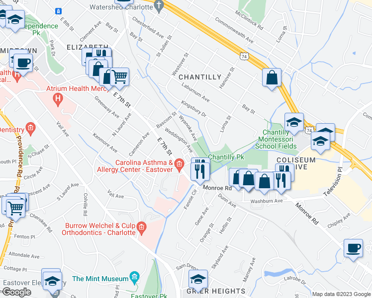 map of restaurants, bars, coffee shops, grocery stores, and more near 1115 Ilana Court in Charlotte