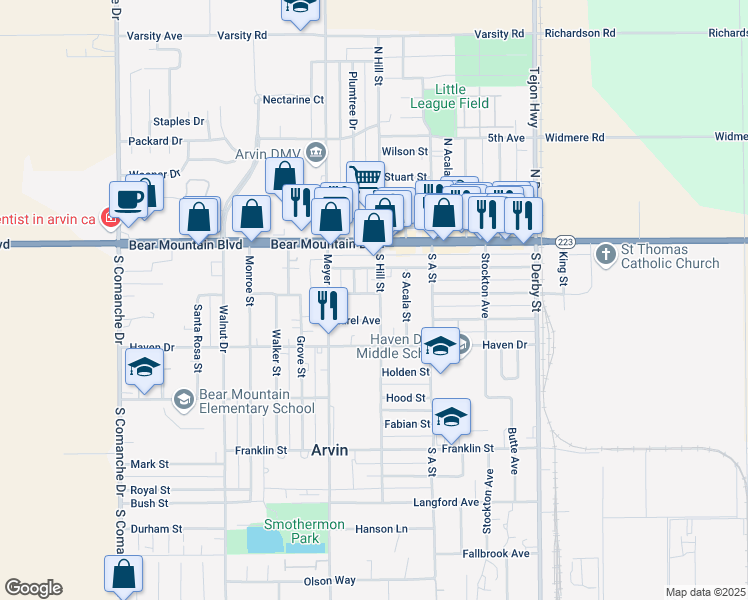 map of restaurants, bars, coffee shops, grocery stores, and more near 620 Laurel Avenue in Arvin