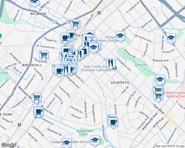 map of restaurants, bars, coffee shops, grocery stores, and more near 500 East Tremont Avenue in Charlotte