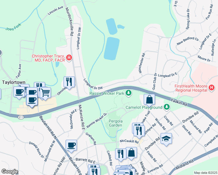 map of restaurants, bars, coffee shops, grocery stores, and more near 246 Longleaf Drive Southwest in Pinehurst