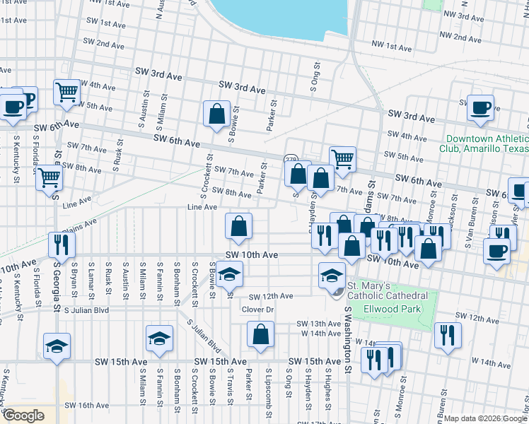 map of restaurants, bars, coffee shops, grocery stores, and more near 833 South Lipscomb Street in Amarillo