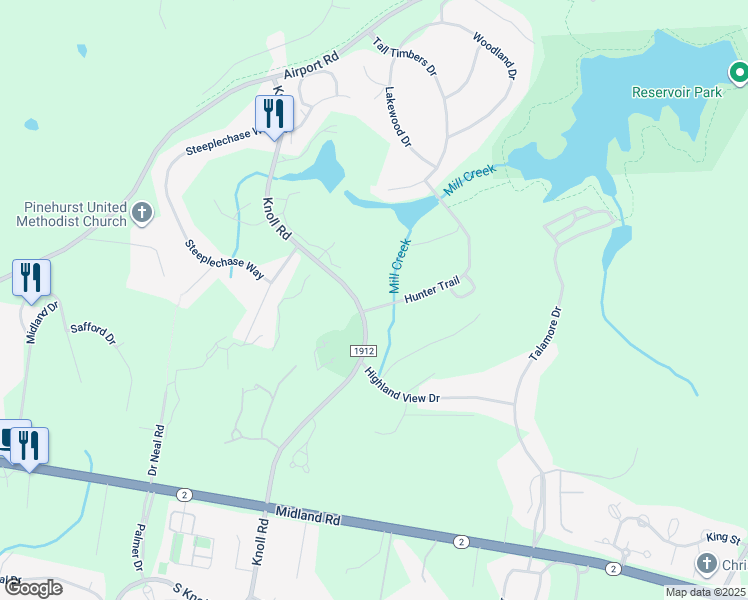 map of restaurants, bars, coffee shops, grocery stores, and more near 220 Hunter Trail in Southern Pines
