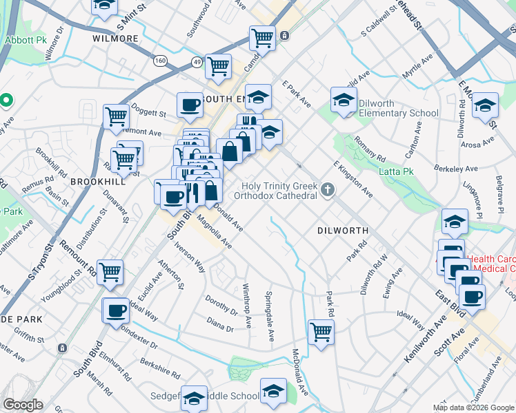 map of restaurants, bars, coffee shops, grocery stores, and more near in Charlotte