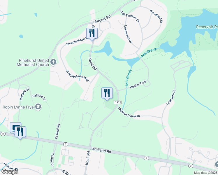 map of restaurants, bars, coffee shops, grocery stores, and more near 20 Knoll Road in Southern Pines