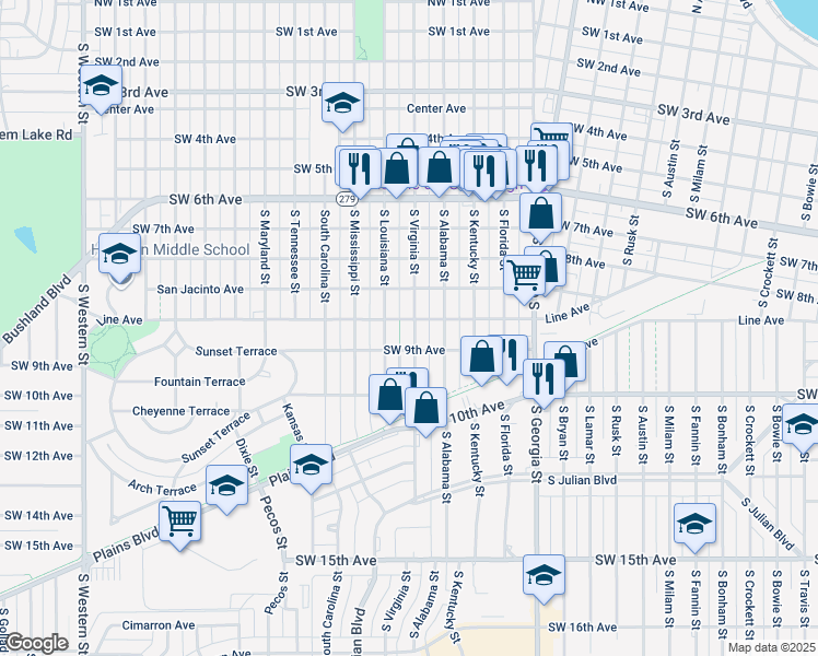 map of restaurants, bars, coffee shops, grocery stores, and more near 835 South Virginia Street in Amarillo