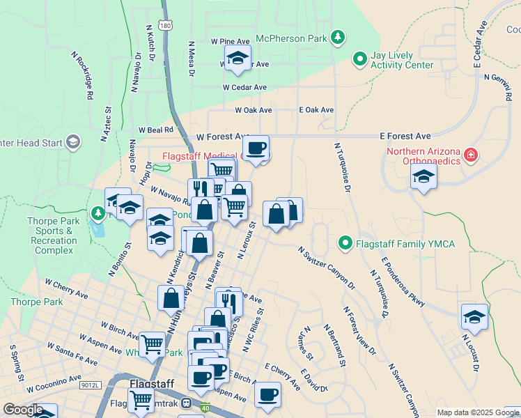 map of restaurants, bars, coffee shops, grocery stores, and more near 918 North Leroux Street in Flagstaff