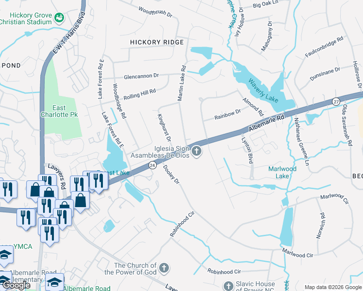 map of restaurants, bars, coffee shops, grocery stores, and more near 7606 Albemarle Road in Charlotte
