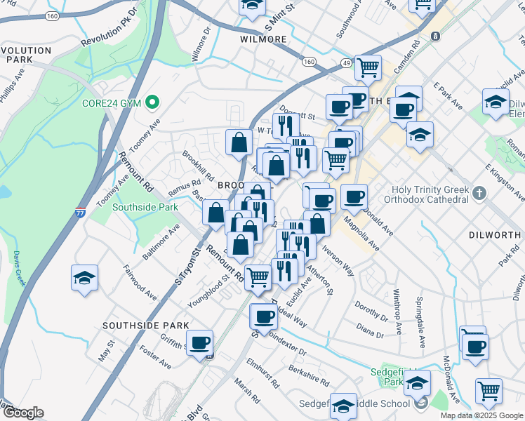 map of restaurants, bars, coffee shops, grocery stores, and more near 2327 Distribution Street in Charlotte