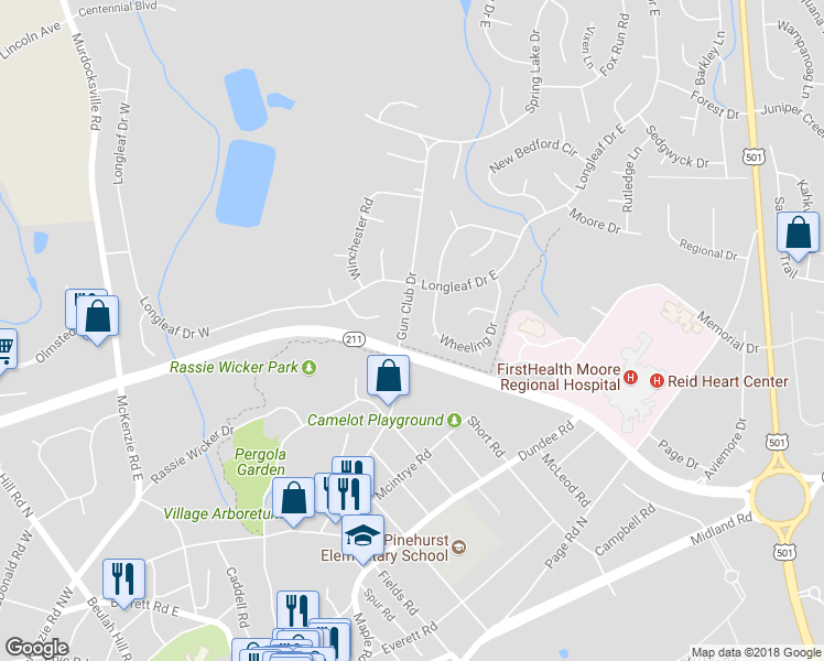 map of restaurants, bars, coffee shops, grocery stores, and more near 60 Gun Club Drive in Pinehurst