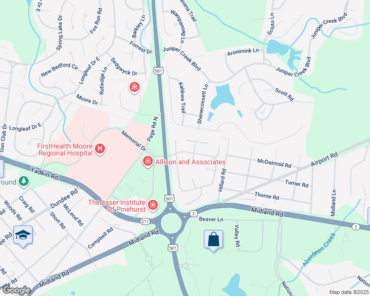 map of restaurants, bars, coffee shops, grocery stores, and more near 115 Pinehurst Trace Drive in Pinehurst