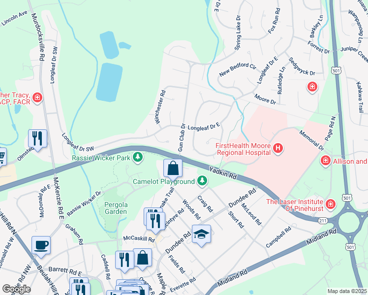 map of restaurants, bars, coffee shops, grocery stores, and more near 60 Gun Club Drive in Pinehurst