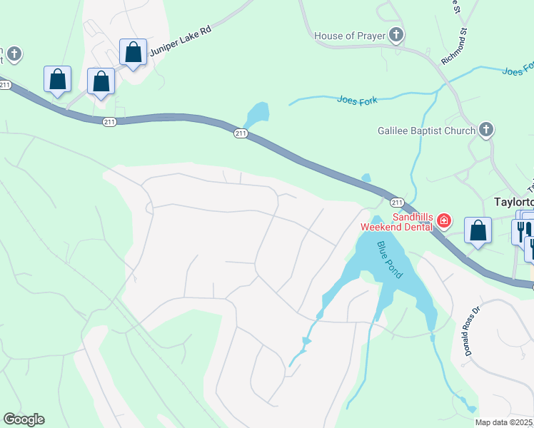 map of restaurants, bars, coffee shops, grocery stores, and more near 25 Whitehaven Drive in Pinehurst
